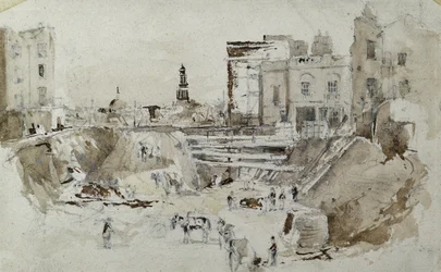 ロンドンとバーミンガム鉄道の建設、1835年頃（紙にウォッシュをかけた鉛筆）