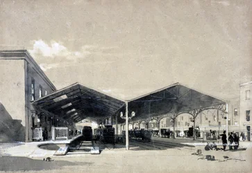 1837年5月、ユーストン駅のインテリア（ペンとインク、紙に洗う）