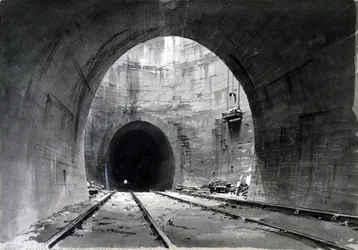 素晴らしい換気シャフト、Kilsby Tunnel、ノーサンプトンシャー、1837-38（紙にペンとインクとウォッシュ）