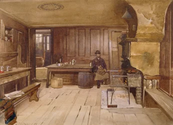 1885年、ロンドン、ミノリーズ、チャーチ・ストリートのパブリック・ハウス「シーブ」のタップ・ルームの内部