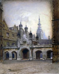 1880年、ロンドン市内のニューゲート・ストリートにあるクライスト・ホスピタルの新しい回廊の眺め