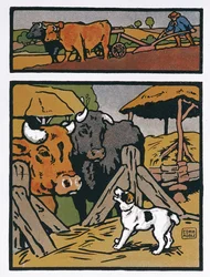 ジャン・ド・ラ・フォンテーヌ（1621-95）の「寓話」からの犬と牛のイラスト（カラー彫刻）