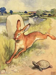 パブ「イソップ物語」のカメとウサギ。 Raphael Tuck & Sons Ltd.、ロンドン (挿絵)