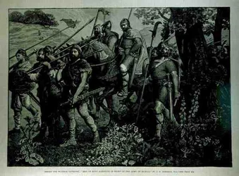 ウィンザータペストリーのデザイン：1882年4月29日、イラストレイテッドロンドンニュースより、ハロルド軍の前で行進するケントの男性