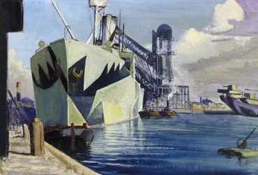 色とりどりの迷彩で描かれた軍艦が停泊するリバプールのドック・カナダ。ハーバート・バーナード・ジョン・エヴェレット（1876-1949）の作品。