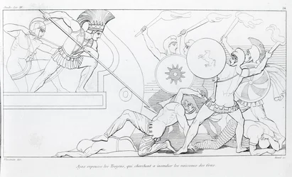 エイジャックスは、ギリシャの船を焼こうとするトロイア人を撃退します。ジョン・フラクスマン（1755〜1826）の作画。ホメロスの『イーリアス』。歌唱 XV.