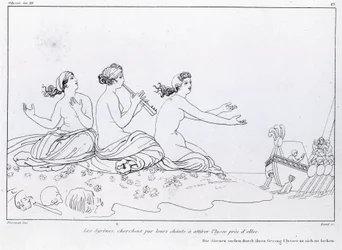 人魚は歌でユリシーズを惹きつけようとする。ジョン・フラクスマン（1755-1826）の作画。ホメロスの「オデュッセイア」。歌 XII.