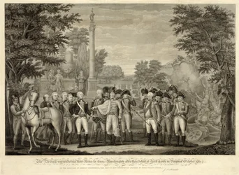 1781年10月、バージニア州ヨークタウンでの敗戦後、ワシントン元帥に武器を明け渡す英国人。1819年（彫刻）。