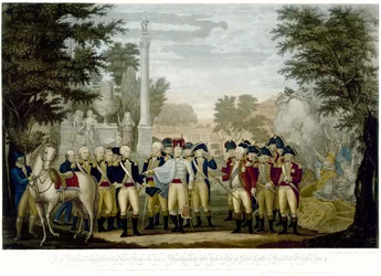 1819年10月、バージニア州のヨークタウンで敗北した後、イギリス軍は腕をワシントン将軍に降伏させた（811年10月）（手描きの銅版画）