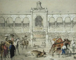 セビリアの闘牛。シャルル・ジョセフ・ハルマンデル（1789-1850）が彫った「スペインのスケッチ」から、1836年に出版されたカラーリトグラフ。