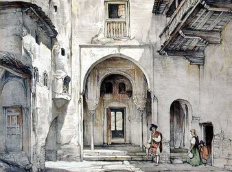 アルハンブラ宮殿のスケッチとデッサン」より「モスクの入り口」、William Gauci (fl.1825-54)の彫刻。