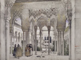 ウィリアムゴーチ（fl.1825-54）、1834年に彫刻された「アルハンブラのスケッチと絵」からのライオンズコート（パティオデロスレオネス）