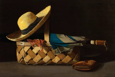 "マーケットバスケット、帽子、傘" 静物画 ジョン・フレデリック・ペト（1854-1907）の絵画 1890年頃 個人蔵