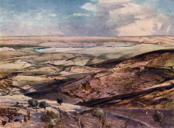 オリーブ山の最高点から見たユダヤ砂漠と死海