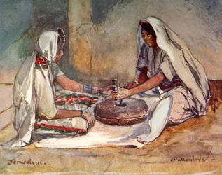 ハンドミルで粉砕する2人の女性、1902年。