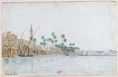 マンファルートの眺め」。水彩画。ジョン・ガードナー・ウィルキンソン（1797-1875）イギリスの探検家、エジプト学者。ナイル川沿いの町、ミナレット、ヤシの木、停泊中のボート。エジプト