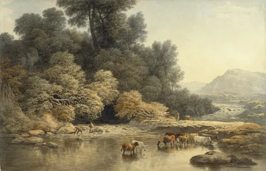 川と牛のある丘陵の風景、c.1810（織り紙のグラファイトの上にトイレ）