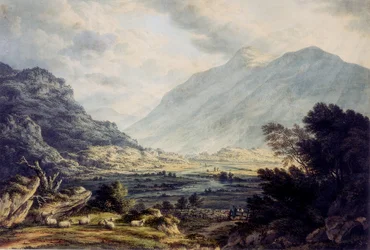 1793-1830年頃、ウェールズのスノードン山の景色を望むCapel Curigの近く（水彩）