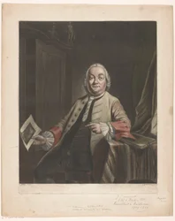 ゲリット・ハゲドーレンの家の略奪の版画を手にしたシモン・フォッケの肖像、1751年