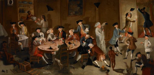 スリナムで酒を酌み交わす船長たち 1752-58年頃 油彩／ベッド・ティッキング