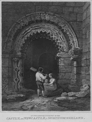 1814年、ノーサンバーランド州ニューカッスルの城の装飾されたドアの道