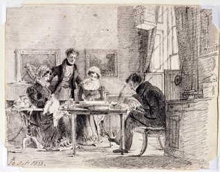 1823年10月10日、家族グループによる裁縫と読書（紙にペンとインク）