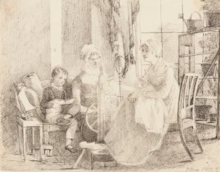 紡ぎ車に乗る女性とおもちゃのボートを持つ少年、1807