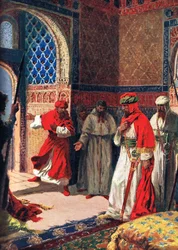 1492年のアルハンブラでの最後のボアディル評議会、「ハッチンソンの国家の歴史」の図解