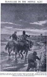 中世の旅行者。暗闇が落ちたとき、旅行者は修道院の灯りを探しました、1950年頃