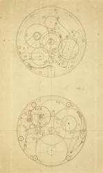 ジョンハリソンによって設計および描かれた経度計時装置H.4のムーブメント、c.1760-72（紙にインク）