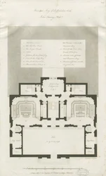 スタッフォード-シャイアホールの主階の計画：彫刻、nd [1794-1798]（印刷）