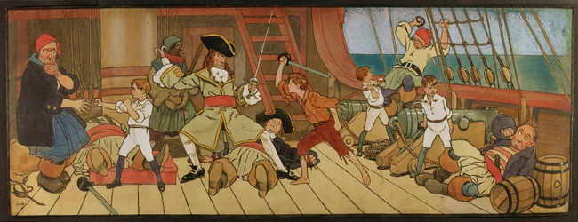 キャプテンフックとの最後の決闘で海賊とピーターと戦うロストボーイ、「ピーターパン」のイラスト、1906年頃