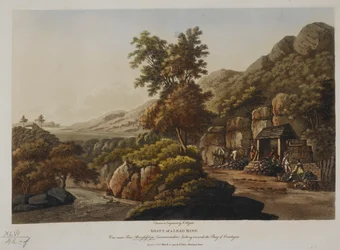 鉛鉱山のシャフト。 1798年に出版された、カーディガン湾を見下ろす、カーナーヴォンシャーのアバーグラスリン橋の近くの景色（色付きの彫刻）