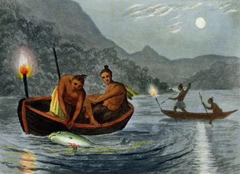 H.メルケによって彫刻された北米のトーチライトフィッシング（fl.c.1800-20）、エドワードオーム、1813年発行