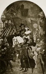ヘンリー6世は、「ハッチンソンのイギリス国民の物語」1923年頃のイラスト、1471年のバーネットの戦いに連れて行かれます。
