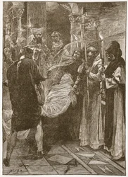 The Burial of King Ethelbert of Kent（ケント州のエセルバート王の埋葬）、イラストは「The Church of England:1910年頃に出版されたH.D.M. Spence-Jones著「The Church of England: A History for the People」のイラスト（リトグラフ）（セピア写真