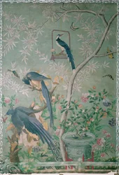The Birds of America」から切り取ったカササギ・カケスのペアを、手描きの中国製壁紙に貼り付けた（コラージュ）。