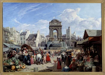 Le marche et la Fontaine des Innocents in Paris ジョン・ジェイムズ・シャロン（1778-1854）の絵画 1822年 日。1,06x1,52 m パリ、カルナヴァレ美術館