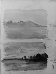 夜明けの二重習作、水越しに見たモーレア島、タヒチ、1891年。