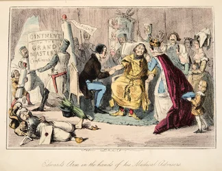 彼の医療アドバイザーの手の中のエドワードの腕、The Comic History of England、パブから。 1864年（手彩色エッチング）