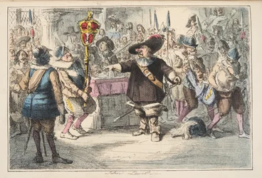 The Comic History of Englandのパブから、Cromwellが長い議会を解散したBaubleを取り上げてください。 1864（手描きのエッチング）