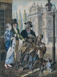 1811年から1813年頃、キリスト教会で煙突掃除人とその主人を質問する世間の人々。