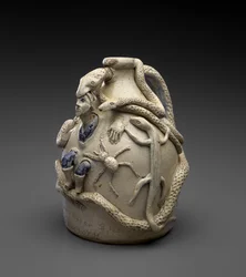節制の水差し、c.1870-72（コバルトとスリップ装飾が施された塩釉の石器）