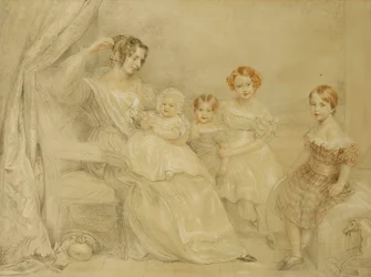 WSフライ夫人と4人の子供たちの肖像：エマ、ウィリー、ジュリー、ジョージナ、室内に座る、1840