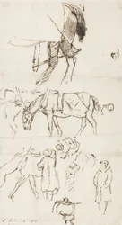 馬、男性と馬車の研究、1811（紙にペンと茶色のインク）