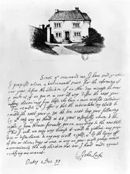 ロック（1632-1704）がサマセット州ウリントンで生まれた家を描いた手紙の複写（紙にペンとインク）