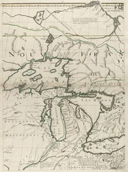 1756年のアメリカのイギリス領とフランス領の地図（紙にアウトラインの色を刻印）