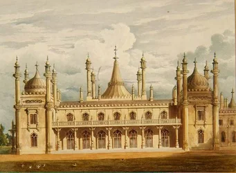 ジョン・ナッシュ作「ブライトン、ロイヤル・パビリオンの眺め」より、西向きの王の居室とその上の家事室