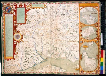 追加。 31853、ff.23-24、サウサンプトン、ハンプシャー: 説明、J. Norden 作、地図付き: 1595 (色付きの彫刻)