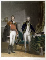 サー・アーサー・ウェルズリー少将とホレイショ・ネルソン中将の会談、1805 年 9 月、サミュエル・ウィリアム・レイノルズ (1794-1872) によって刻印、パブ。 A.J. アイザックス